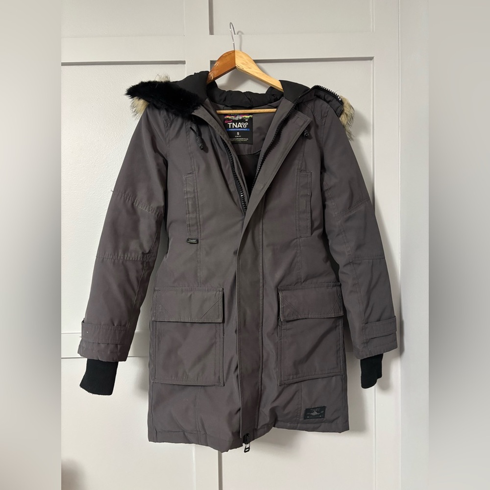 TNA Gray Parka Coat with Faux Fur Detachable Hood - Picture 2 of 13